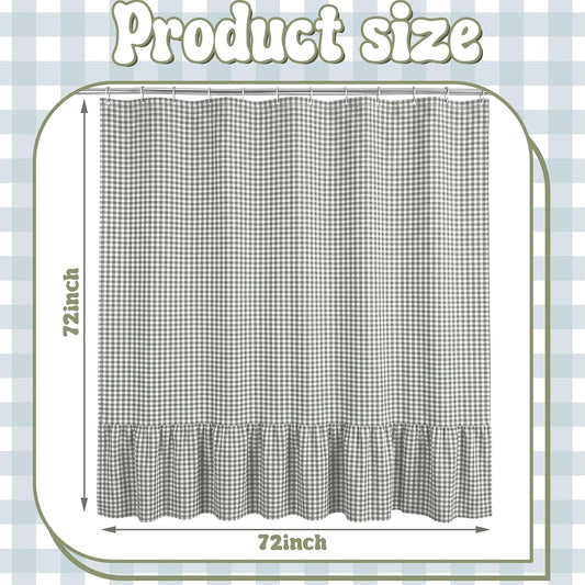 HunnmingRe Ruffle Hem Gingham Shower Curtain Sage Green
