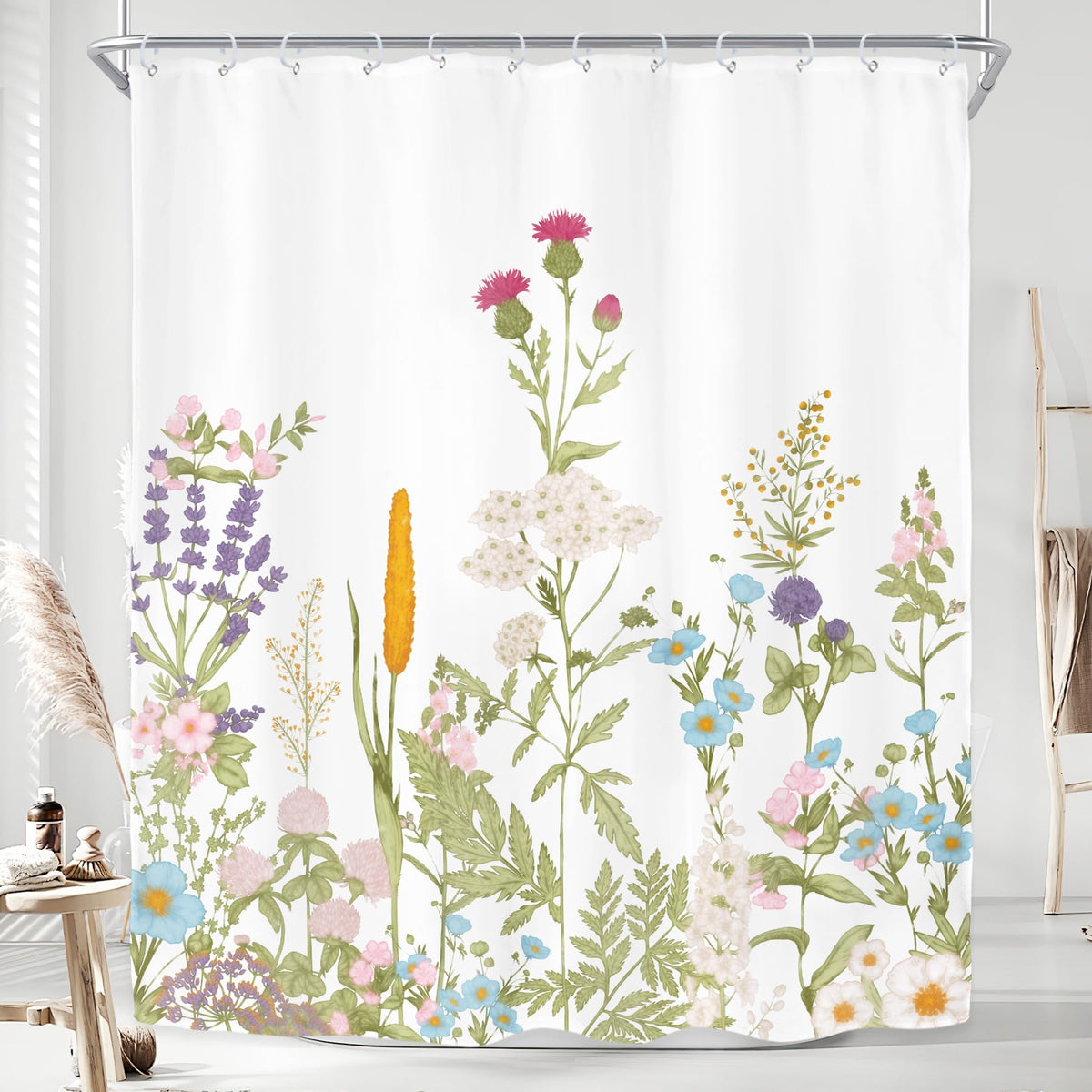 Sage Green Floral Wildflower Plant Herbs Nature Bathroom Shower Curtain Set