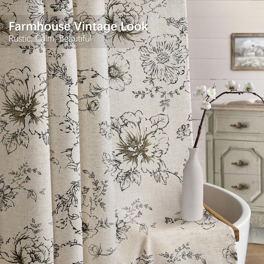 Farmhouse Floral Vintage Shower Curtain for Bathroom, Black and Tan Taupe