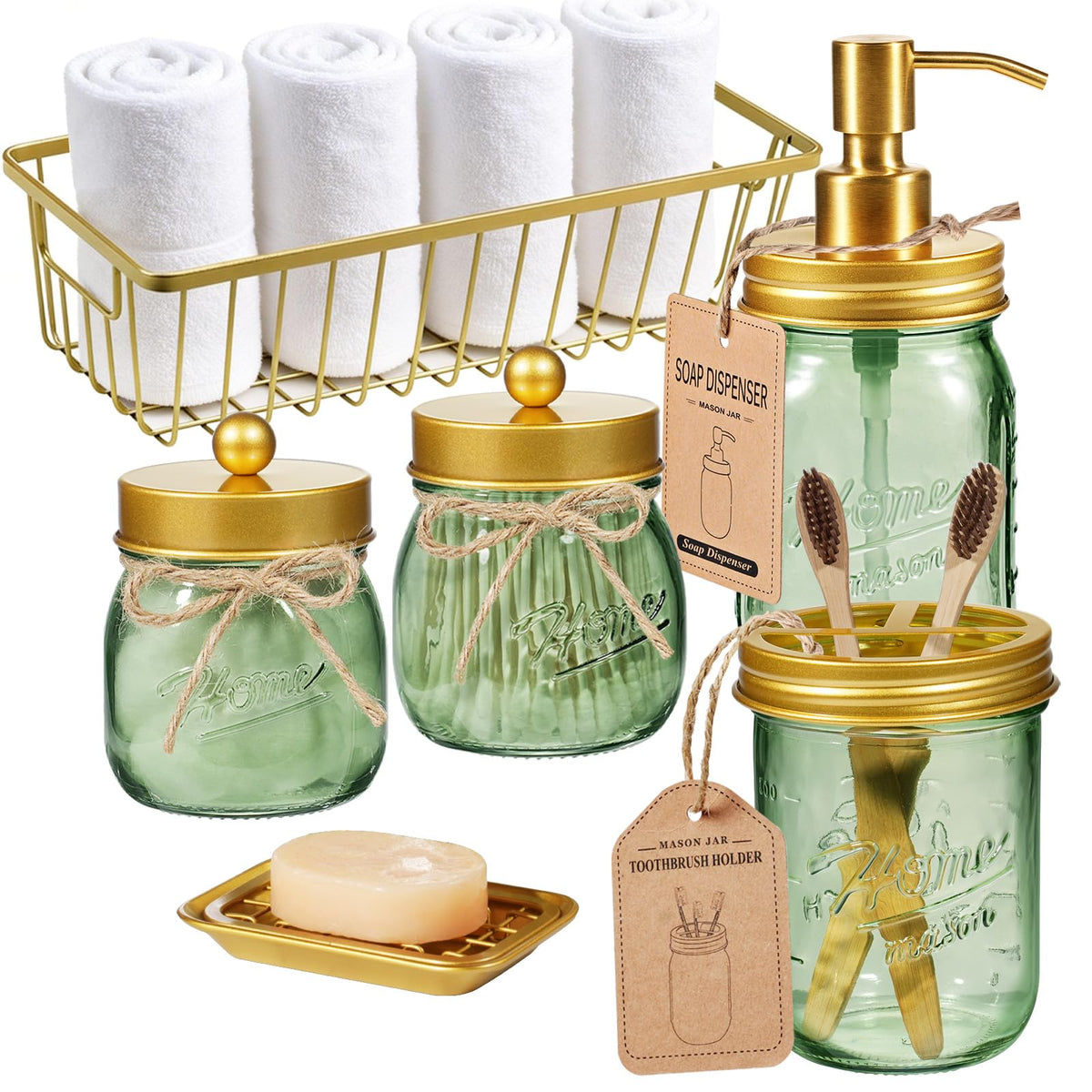SheeChung Mason Jar Bathroom Accessories Set, 6Pcs Green Glass Bathroom Set
