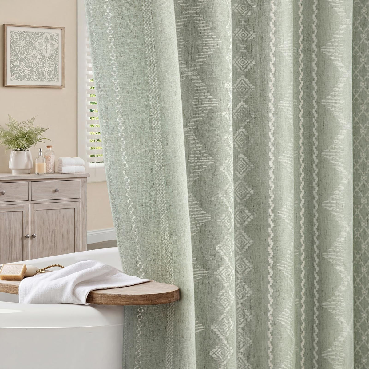 Natural Linen Boho Shower Curtain,72" W x 72" L