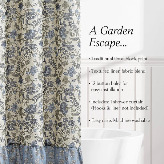 Lush Decor Lillian Block Print Linen Textured Shower Curtain Single 72" W x 72" L Blue & Sage - Vintage Floral Shower Curtains - Ruffled Bath Curtain