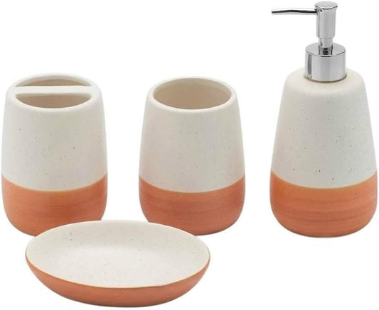 4 Piece Ceramic Bathroom Accessories Set, Soap Dispenser, Toothbrush Holder, Tumbler and Soap Dish, Speckled White & Terracotta Bathroom Counter Set, Modern Boho Farmhouse Decor 2. Product Description