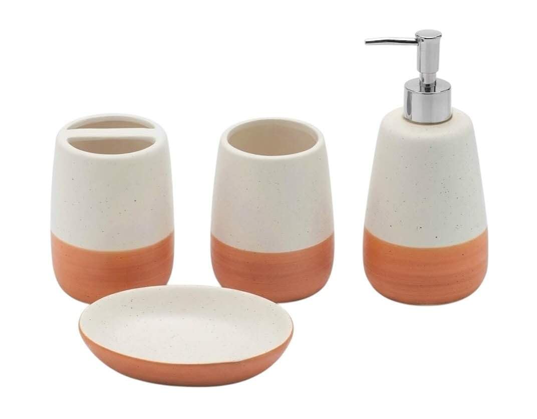 4 Piece Ceramic Bathroom Accessories Set, Soap Dispenser, Toothbrush Holder, Tumbler and Soap Dish, Speckled White & Terracotta Bathroom Counter Set, Modern Boho Farmhouse Decor 2. Product Description