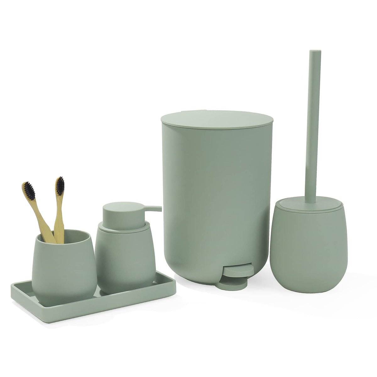 GAHEFY Black Bathroom Accessories Set with Small Trash Can 3 Liter/0.8 Gallon,Toothbrush Holder,Soap Dispenser,Vanity Tray,Toilet Brush and Holder Black 5pcs