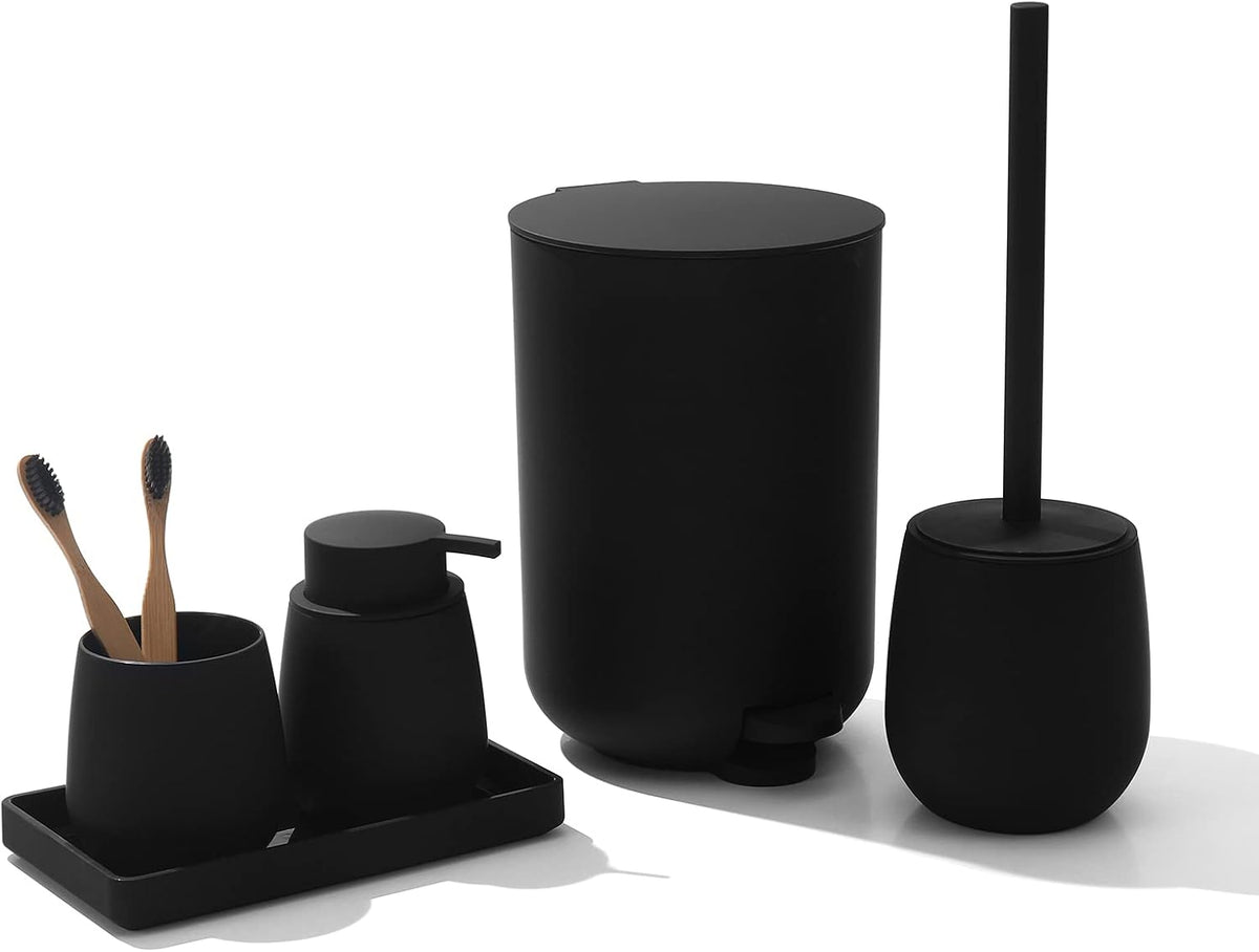 GAHEFY Black Bathroom Accessories Set with Small Trash Can 3 Liter/0.8 Gallon,Toothbrush Holder,Soap Dispenser,Vanity Tray,Toilet Brush and Holder Black 5pcs