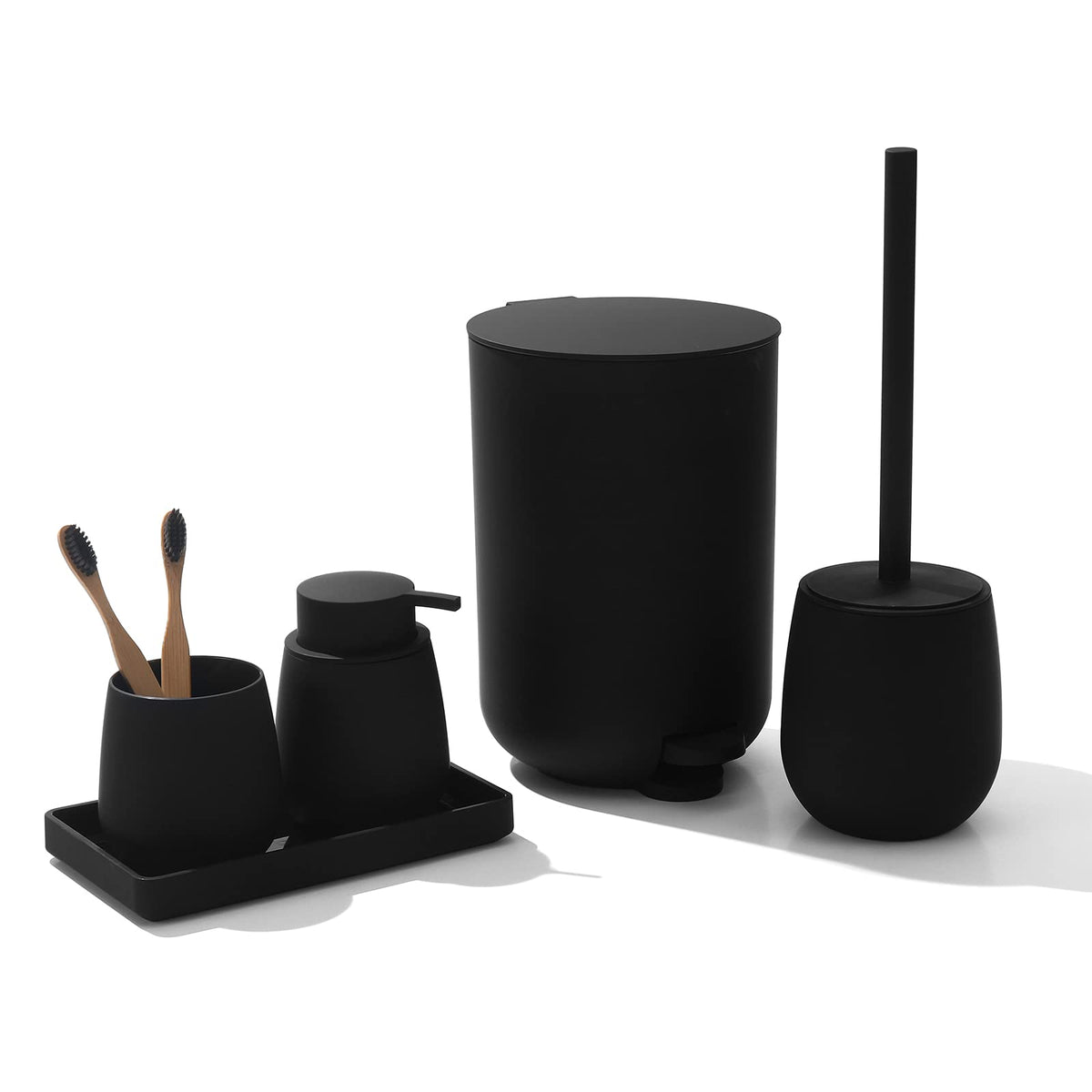 GAHEFY Black Bathroom Accessories Set with Small Trash Can 3 Liter/0.8 Gallon,Toothbrush Holder,Soap Dispenser,Vanity Tray,Toilet Brush and Holder Black 5pcs