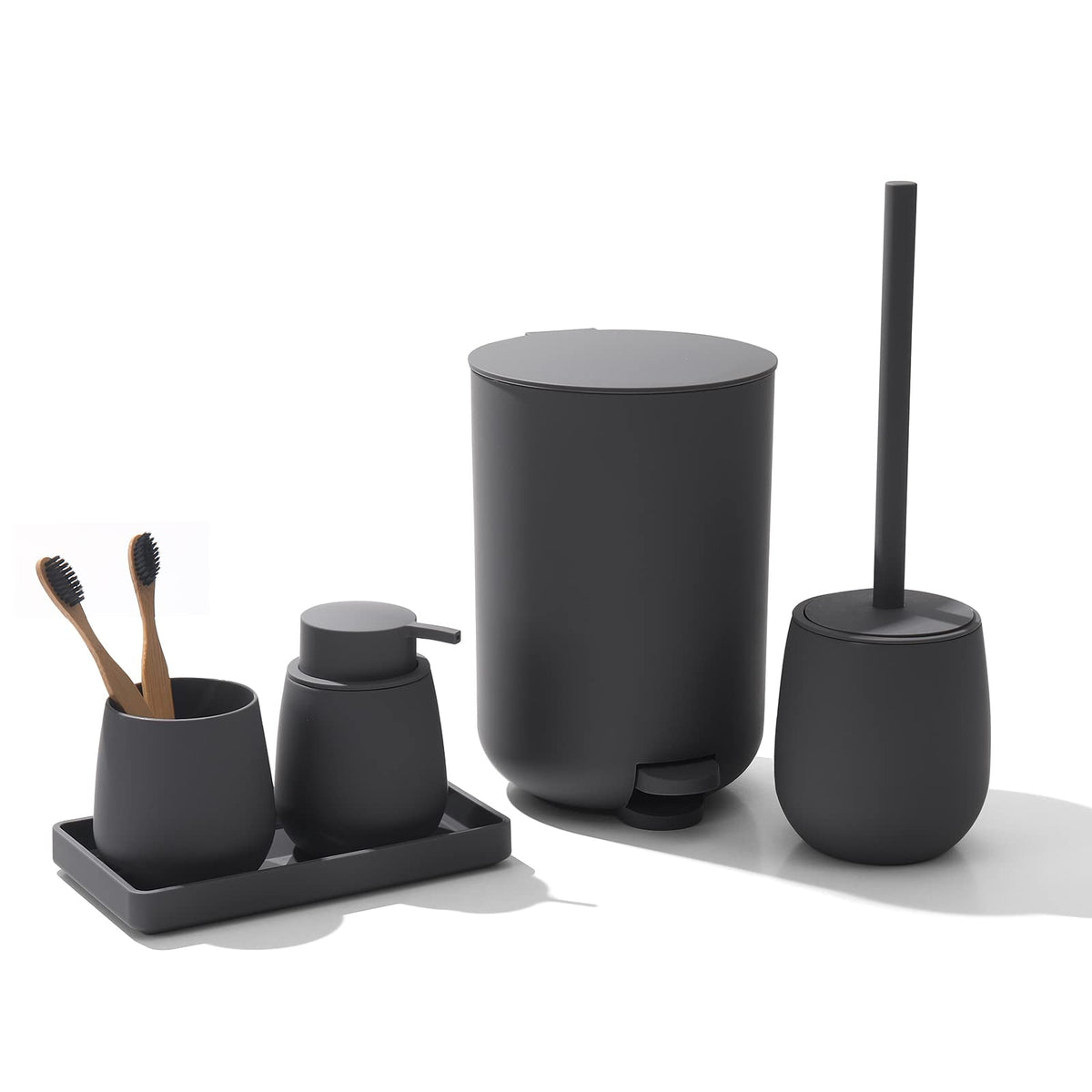 GAHEFY Black Bathroom Accessories Set with Small Trash Can 3 Liter/0.8 Gallon,Toothbrush Holder,Soap Dispenser,Vanity Tray,Toilet Brush and Holder Black 5pcs