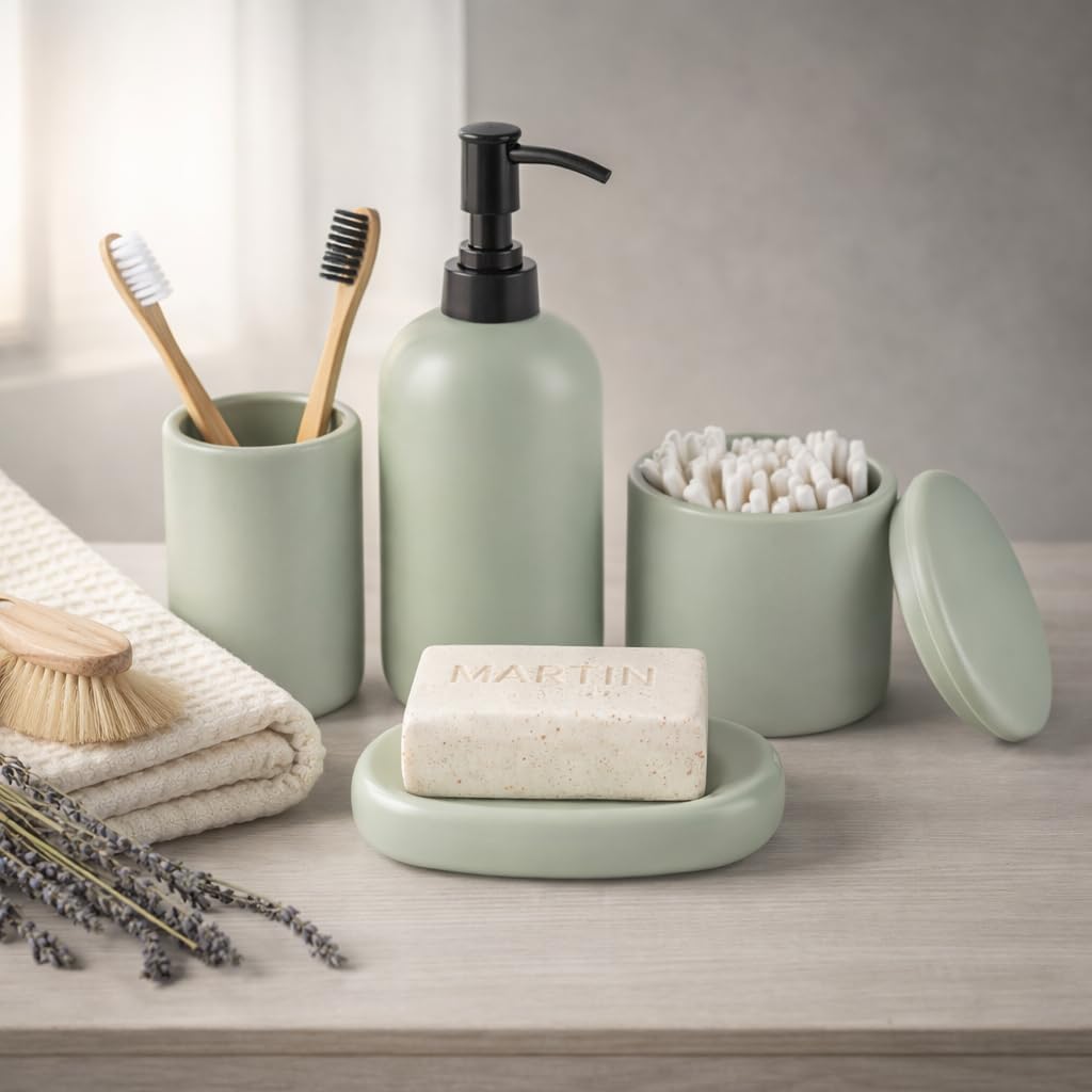 Ava Nord Modern Minimalist Ceramic Bathroom Accessories | Set of 4 | Cream