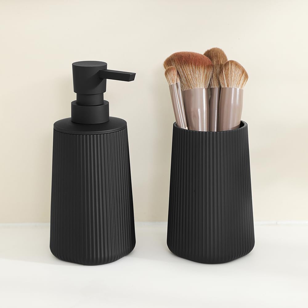 YAUKPH Bathroom Soap Dispenser and Toothbrush Holder Striped Black