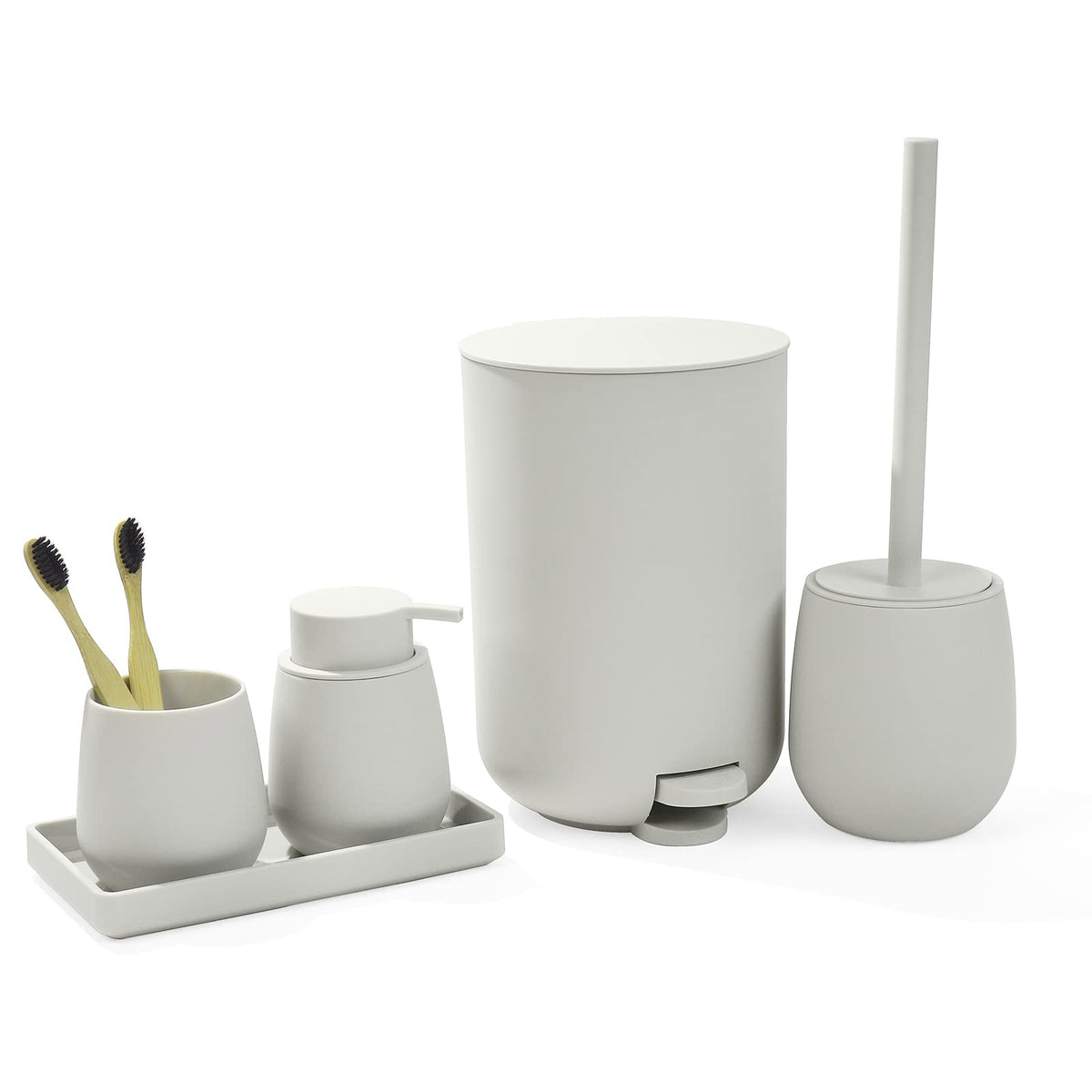 GAHEFY Black Bathroom Accessories Set with Small Trash Can 3 Liter/0.8 Gallon,Toothbrush Holder,Soap Dispenser,Vanity Tray,Toilet Brush and Holder Black 5pcs