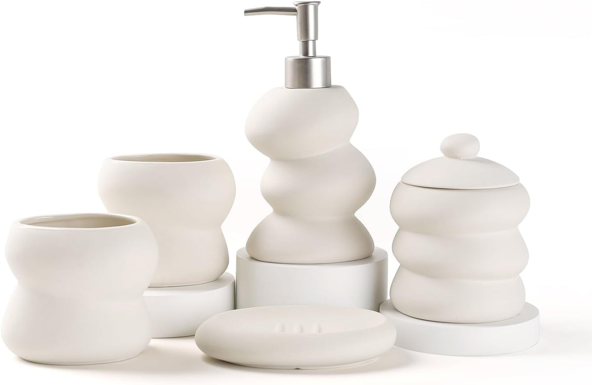 Bathroom Accessory Set 5PCS, Ceramic Bathroom Accessories Set, Irregular Shape Small Bathroom Sets Accessories Complete, Home Apartment Minimalist Decor Vanity Countertop, Beige, ANTIS'S HOME