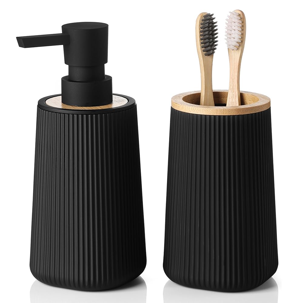 YAUKPH Bathroom Soap Dispenser and Toothbrush Holder Striped Black