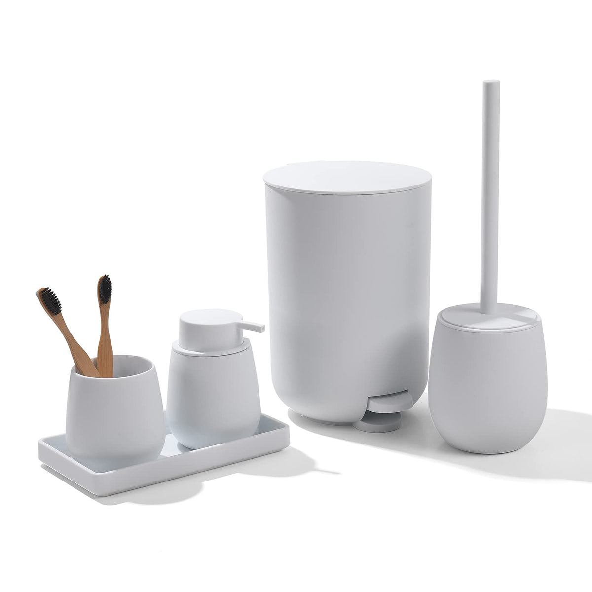 GAHEFY Black Bathroom Accessories Set with Small Trash Can 3 Liter/0.8 Gallon,Toothbrush Holder,Soap Dispenser,Vanity Tray,Toilet Brush and Holder Black 5pcs