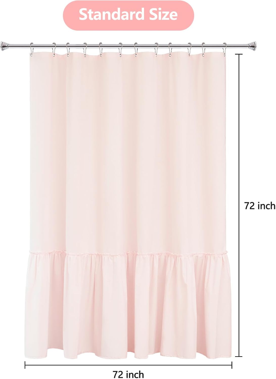 Seenus Baby Pink Ruffle Shower Curtain with Waterproof TPU Backed, Soft Microfiber Lovely French Ruched Shower Curtain, 72 x 72 Inch Bathroom 2 in 1 Washable Fabric Shower Curtain with TPU Lining