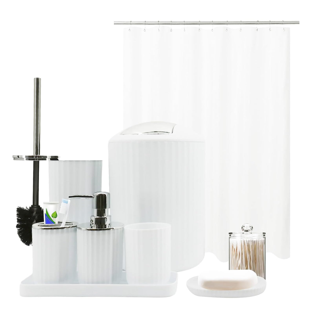 Black Bathroom Accessories Set, 10Pcs Bathroom Accessory Sets Complete with Trash Can, Shower Curtain, Vanity Tray, Soap Dispenser, Soap Dish, Toothbrush Holder&Cup, Toilet Brush&Holder, Qtip Holder