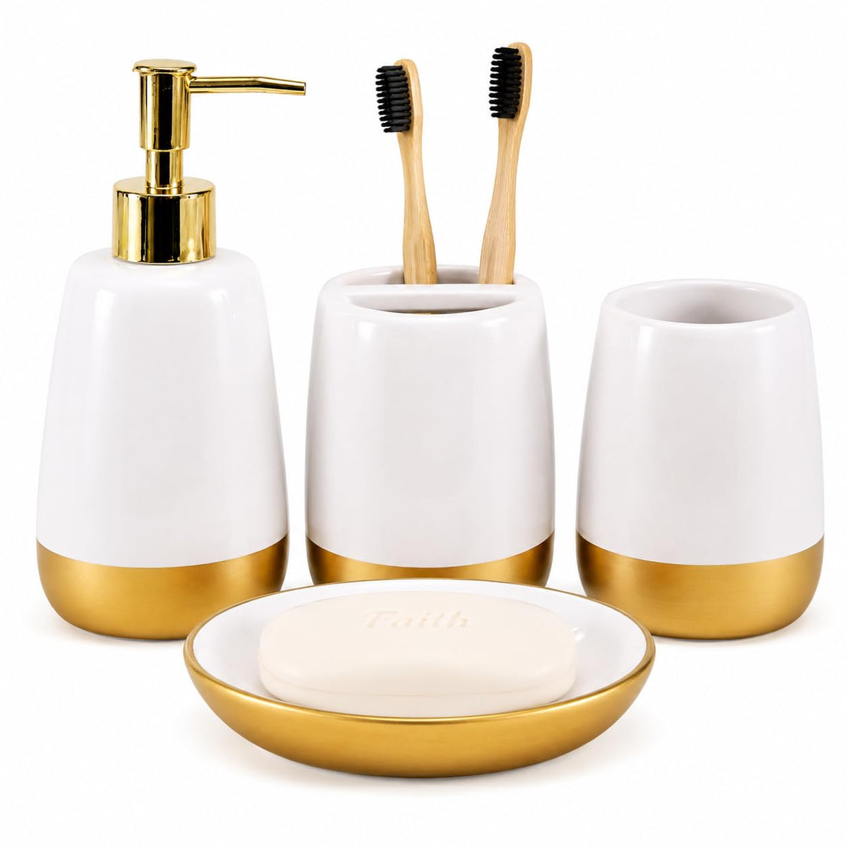 4 Piece Ceramic Bathroom Accessories Set, Soap Dispenser, Toothbrush Holder, Tumbler and Soap Dish, Speckled White & Terracotta Bathroom Counter Set, Modern Boho Farmhouse Decor 2. Product Description