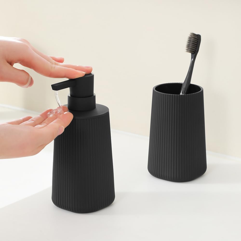 YAUKPH Bathroom Soap Dispenser and Toothbrush Holder Striped Black