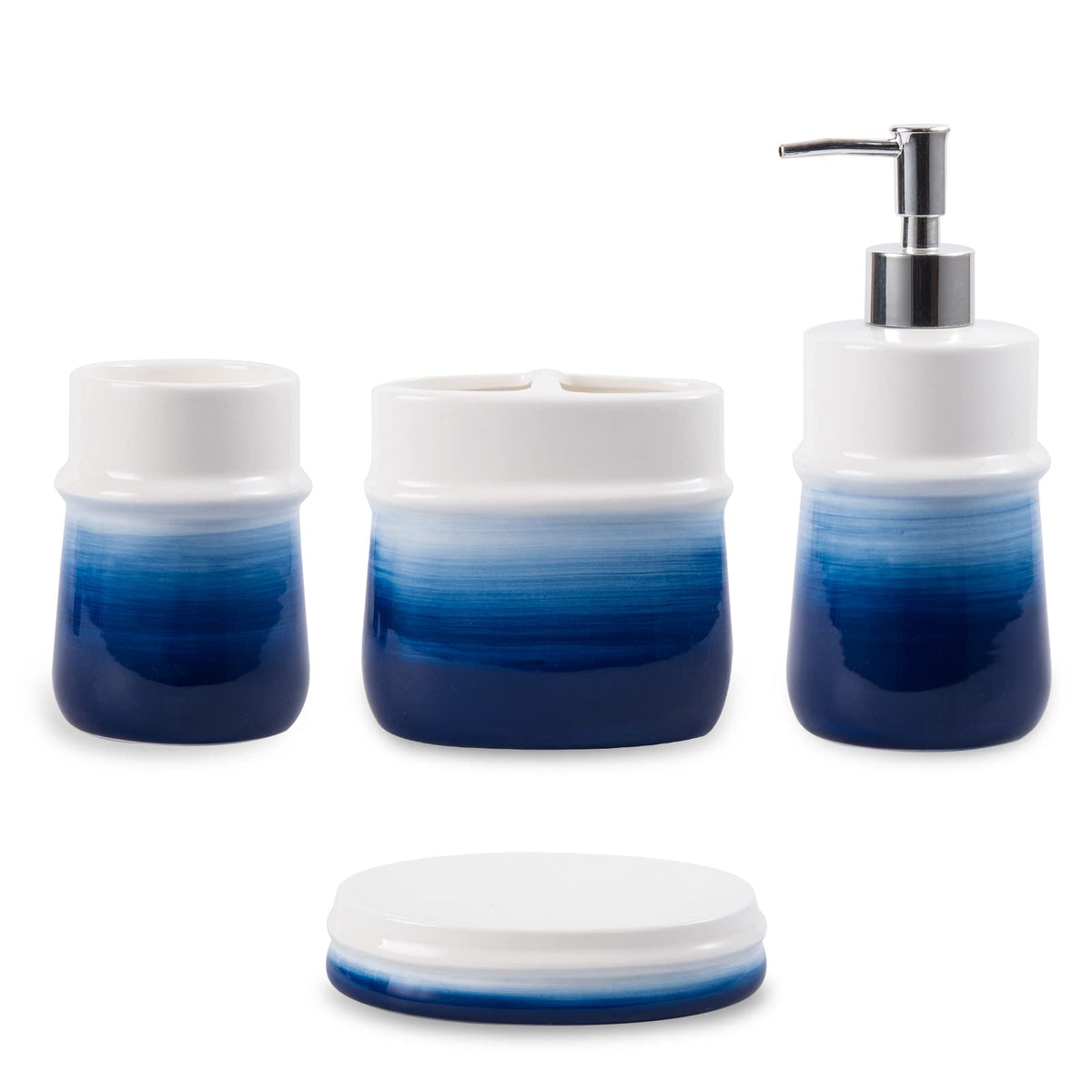 Navy Blue Bathroom Accessories Set, 4-Piece Blue Ceramic Bathroom Decorations Accessories Set,Contain Toothbrush Cup,Soap Dispenser,Soap Dish,Tumbler