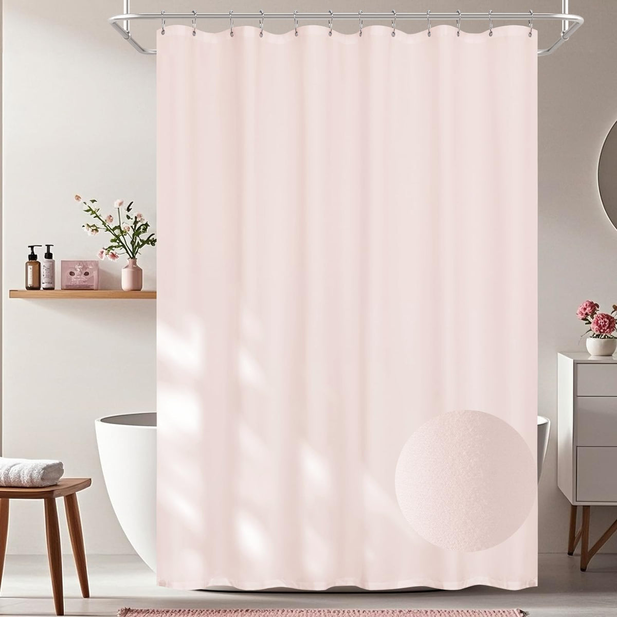 Seenus Baby Pink Ruffle Shower Curtain with Waterproof TPU Backed, Soft Microfiber Lovely French Ruched Shower Curtain, 72 x 72 Inch Bathroom 2 in 1 Washable Fabric Shower Curtain with TPU Lining