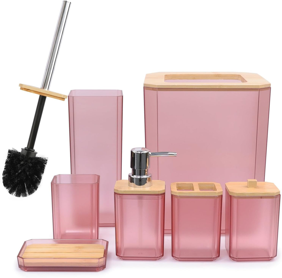 CERBIOR Bamboo Bathroom Accessories Set 7 Piece Bath Ensemble,Pink