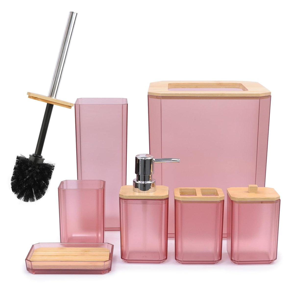 CERBIOR Bamboo Bathroom Accessories Set 7 Piece Bath Ensemble,Pink