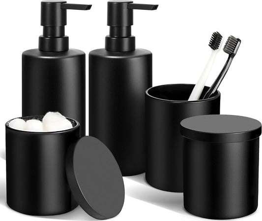 Matte Black Bathroom Accessories Set, 5 Pcs Bathroom Accessories Set, Glass Soap Dispenser and Toothbrush Holder Set, Qtip Holder and Cotton Ball Holder, Modern Bathroom Decor Sets