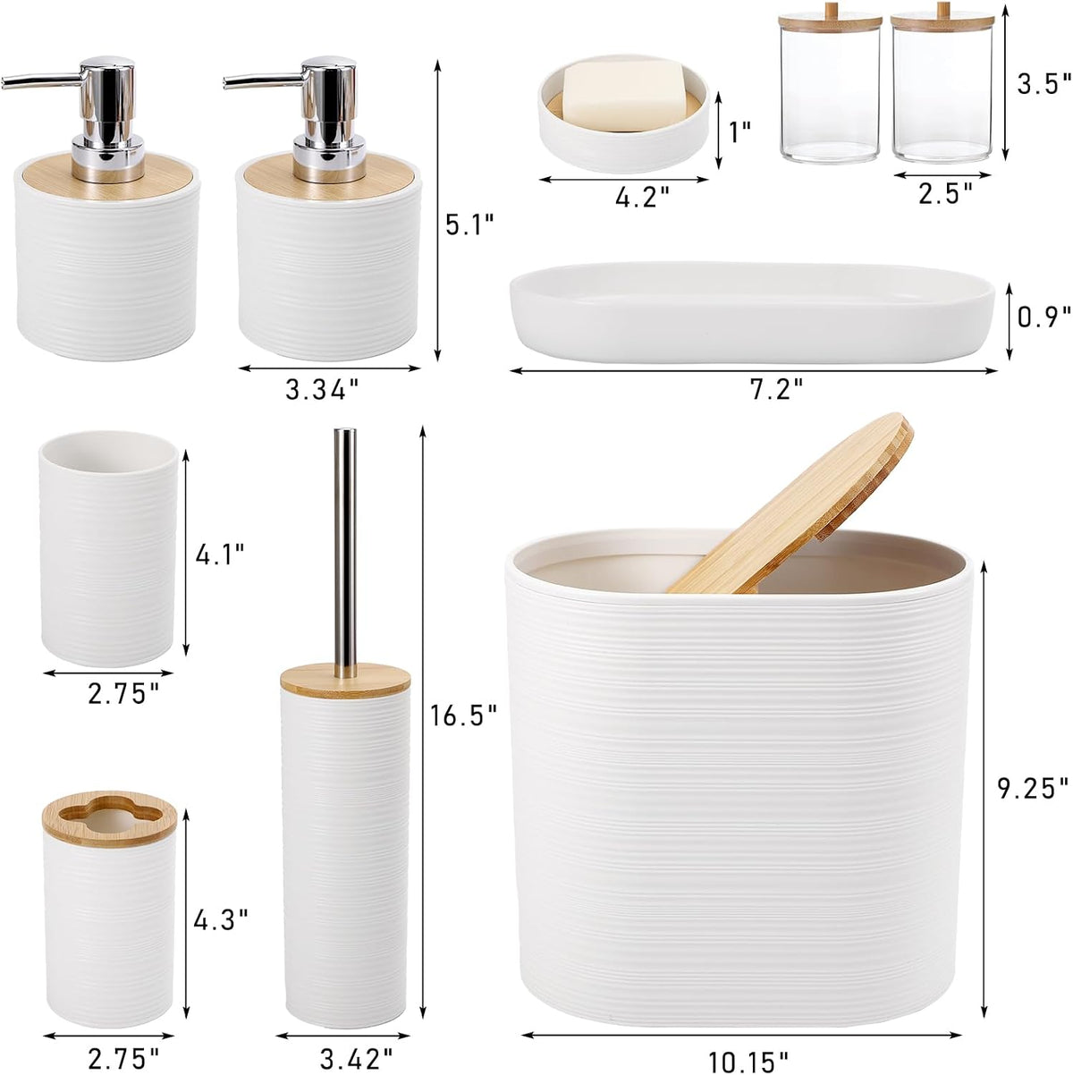 XLHOMO White Bathroom Set, White Bathroom Accessories Set with Trash Can, 2PCS Soap Dispensers, Soap Dish, Toothbrush Holder, Toothbrush Cup,Toilet Brush, Tray and Qtip Holders for Bathroom Decor