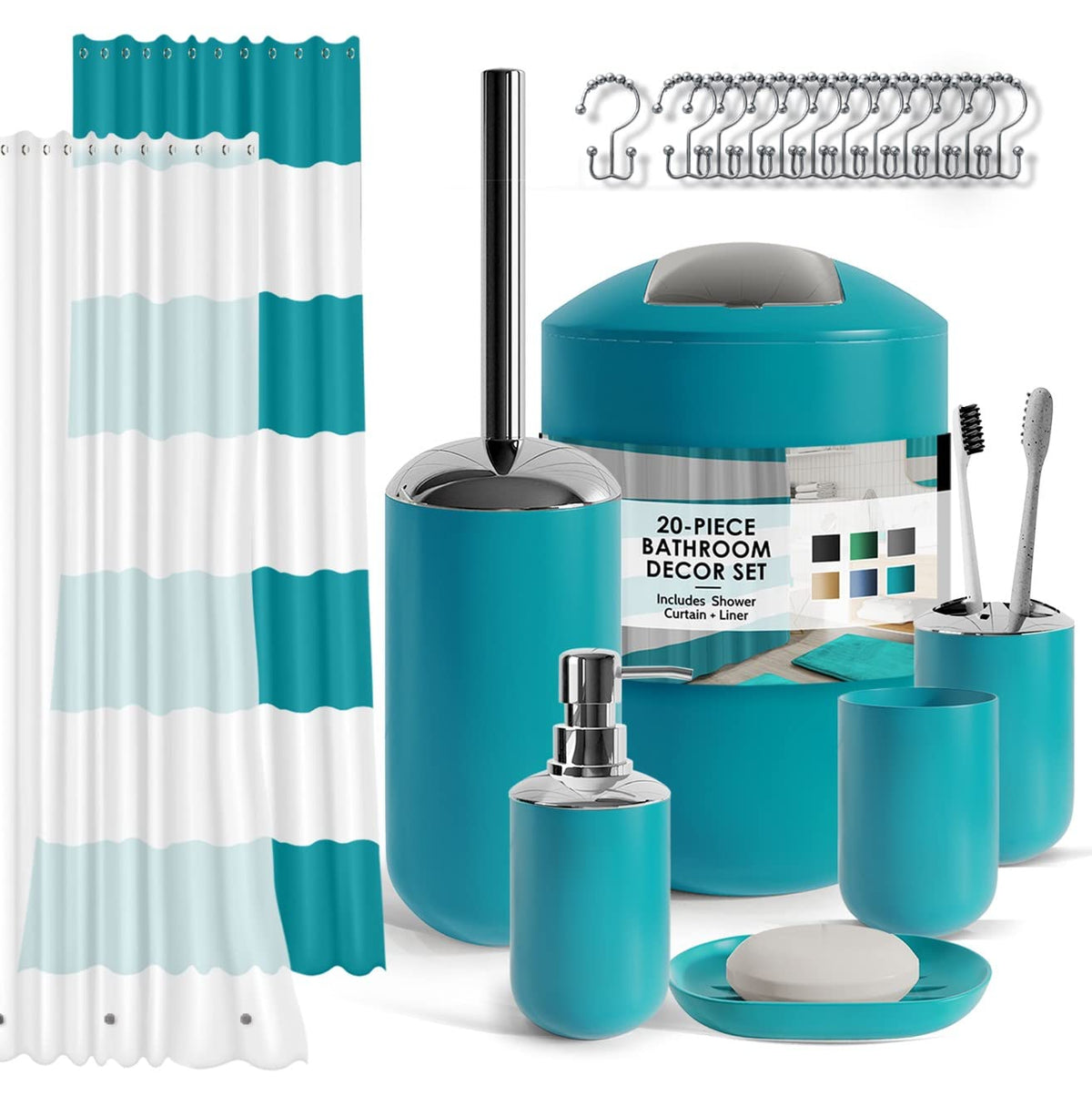 Clara Clark Bathroom Set - Navy Bathroom Accessories Set, 20PC Bathroom Accessory Set, Shower Curtain Set with Liner, Toothbrush Holder, Soap Dispenser, Soap Dish, Toilet Brush Holder, and Trash Can
