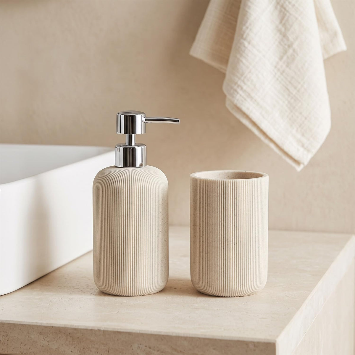 2 Piece Sandstone Resin Bathroom Accessories Set, Ribbed Soap Dispenser and Toothbrush Holder, Cream Beige Speckled Vanity Countertop Set with Chrome Pump for Bathroom