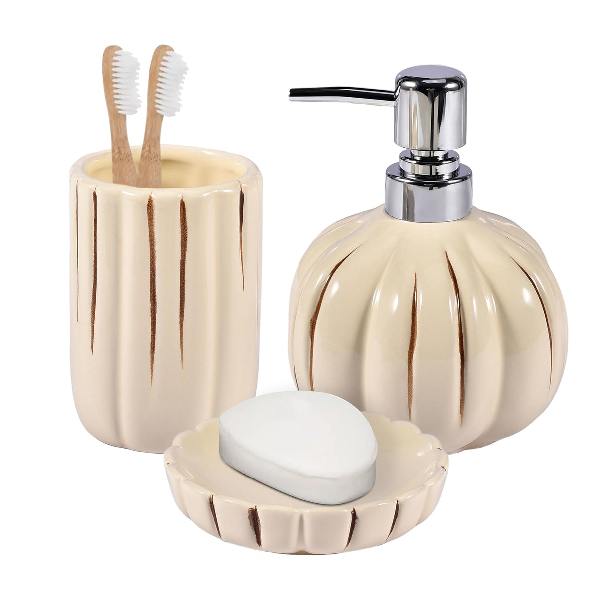 Halloween Pumpkin Bathroom Accessories Set, Orange Bathroom Fall Decor, 3PC Ceramic Bathroom Sets Complete, Toothbrush Holders, Soap Dispenser, Soap Dish, Bathroom Organizer for Countertop