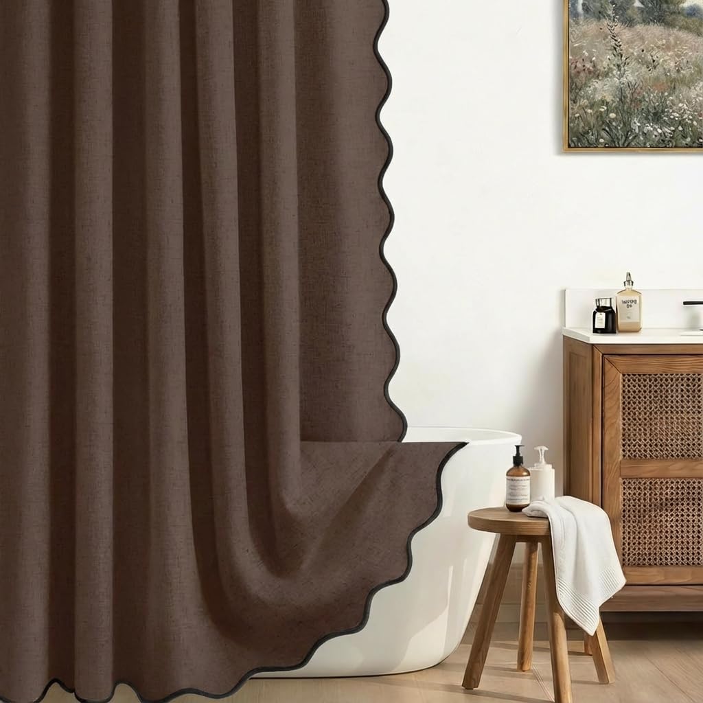 Scalloped Shower Curtain Linen Boho Beige 72" W x 72" L