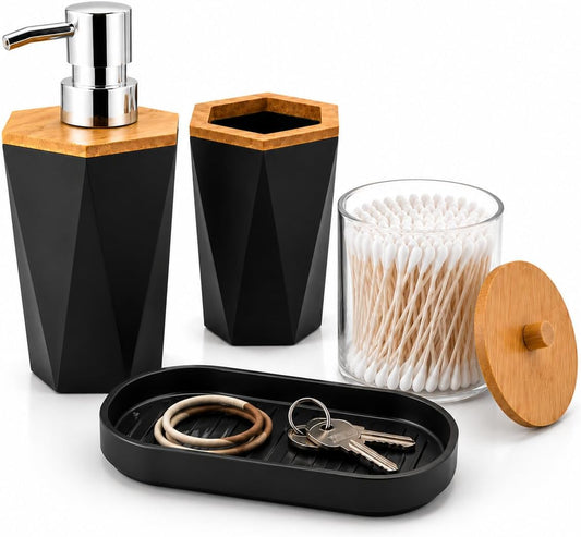 LGURT 4pc Black Bathroom Accessories Set, Soap Dispenser with Bamboo Lid