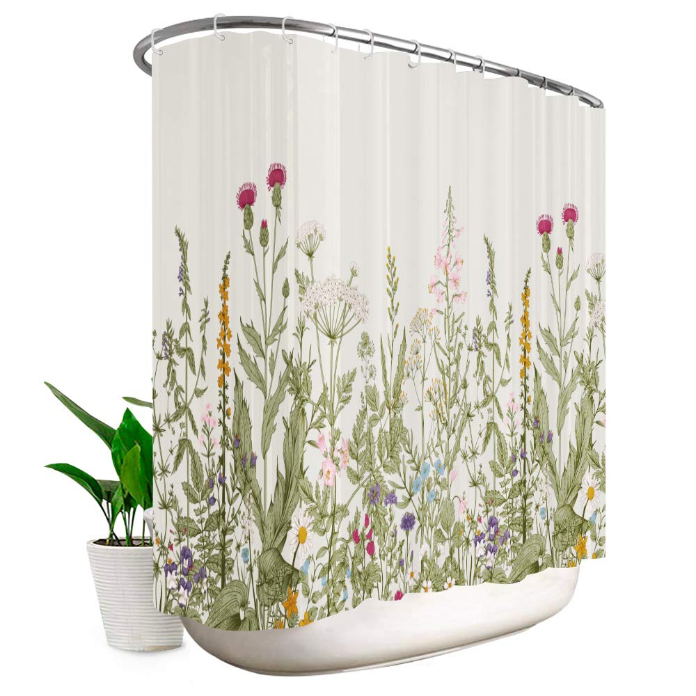 Sage Green Floral Wildflower Plant Herbs Nature Bathroom Shower Curtain Set