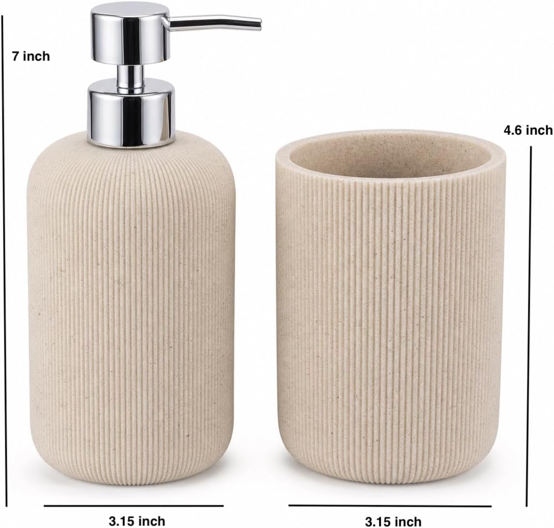 2 Piece Sandstone Resin Bathroom Accessories Set, Ribbed Soap Dispenser and Toothbrush Holder, Cream Beige Speckled Vanity Countertop Set with Chrome Pump for Bathroom