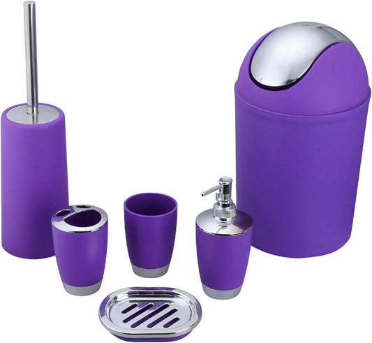 Bathroom Accessories Set, 6-Piece Plastic Gift Set, Toothbrush Holder, Toothbrush Cup, Soap Dispenser, Soap Dish, Toilet Brush Holder, Trash Can (Purple)