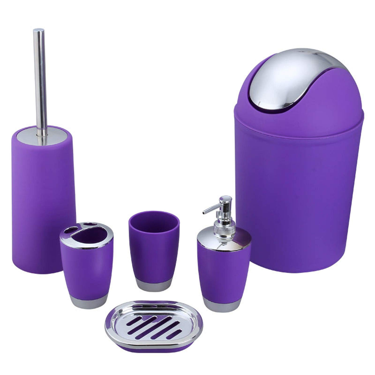 Bathroom Accessories Set, 6-Piece Plastic Gift Set, Toothbrush Holder, Toothbrush Cup, Soap Dispenser, Soap Dish, Toilet Brush Holder, Trash Can (Purple)