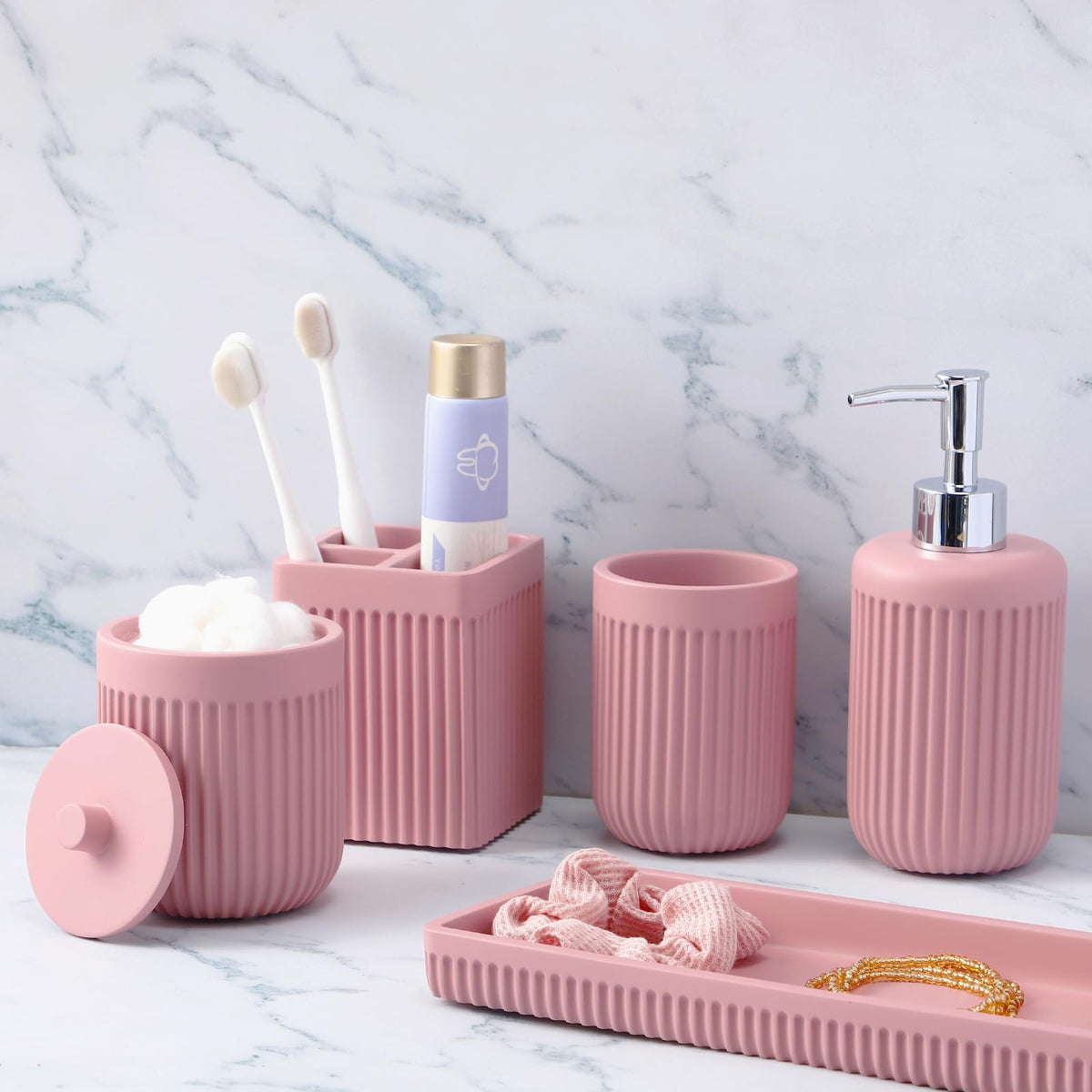 XLHOMO Resin Matte Black Bathroom Accessories Set 5 Pcs, Lotion Soap Dispenser, Toothbrush Holder, Bathroom Tumbler, Qtip Holder and Vanity Tray, Bathroom Countertop Organizer Set for Home Apartment