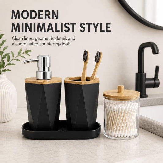 LGURT 4pc Black Bathroom Accessories Set, Soap Dispenser with Bamboo Lid