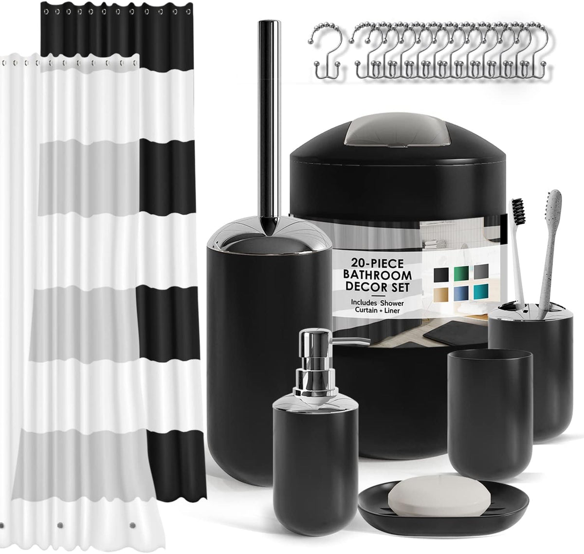 Clara Clark Bathroom Set - Navy Bathroom Accessories Set, 20PC Bathroom Accessory Set, Shower Curtain Set with Liner, Toothbrush Holder, Soap Dispenser, Soap Dish, Toilet Brush Holder, and Trash Can