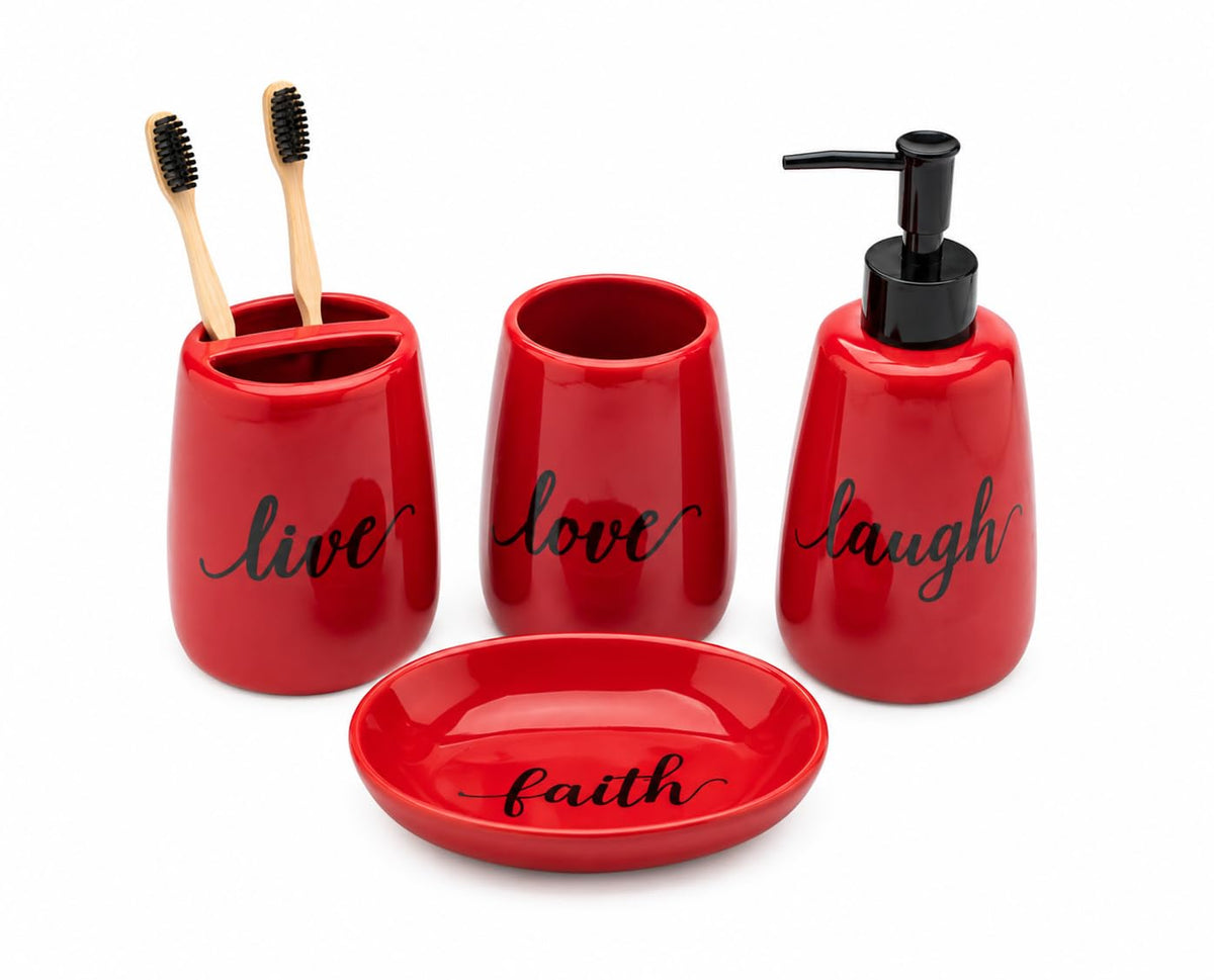 4 Piece Ceramic Bathroom Accessories Set, Soap Dispenser, Toothbrush Holder, Tumbler and Soap Dish, Speckled White & Terracotta Bathroom Counter Set, Modern Boho Farmhouse Decor 2. Product Description