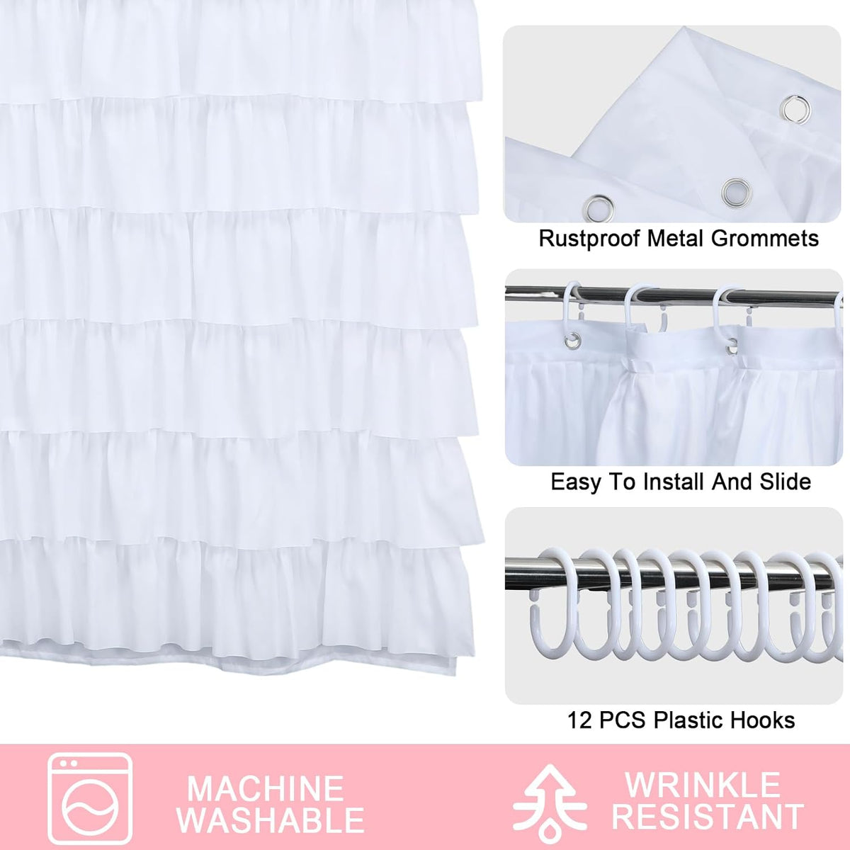 Hahafelt White Dorm Ruffle Shower Curtain 72 x 72 Inches, Ruffle