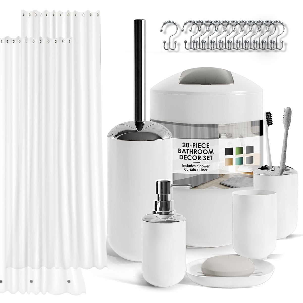Clara Clark Bathroom Set - Navy Bathroom Accessories Set, 20PC Bathroom Accessory Set, Shower Curtain Set with Liner, Toothbrush Holder, Soap Dispenser, Soap Dish, Toilet Brush Holder, and Trash Can