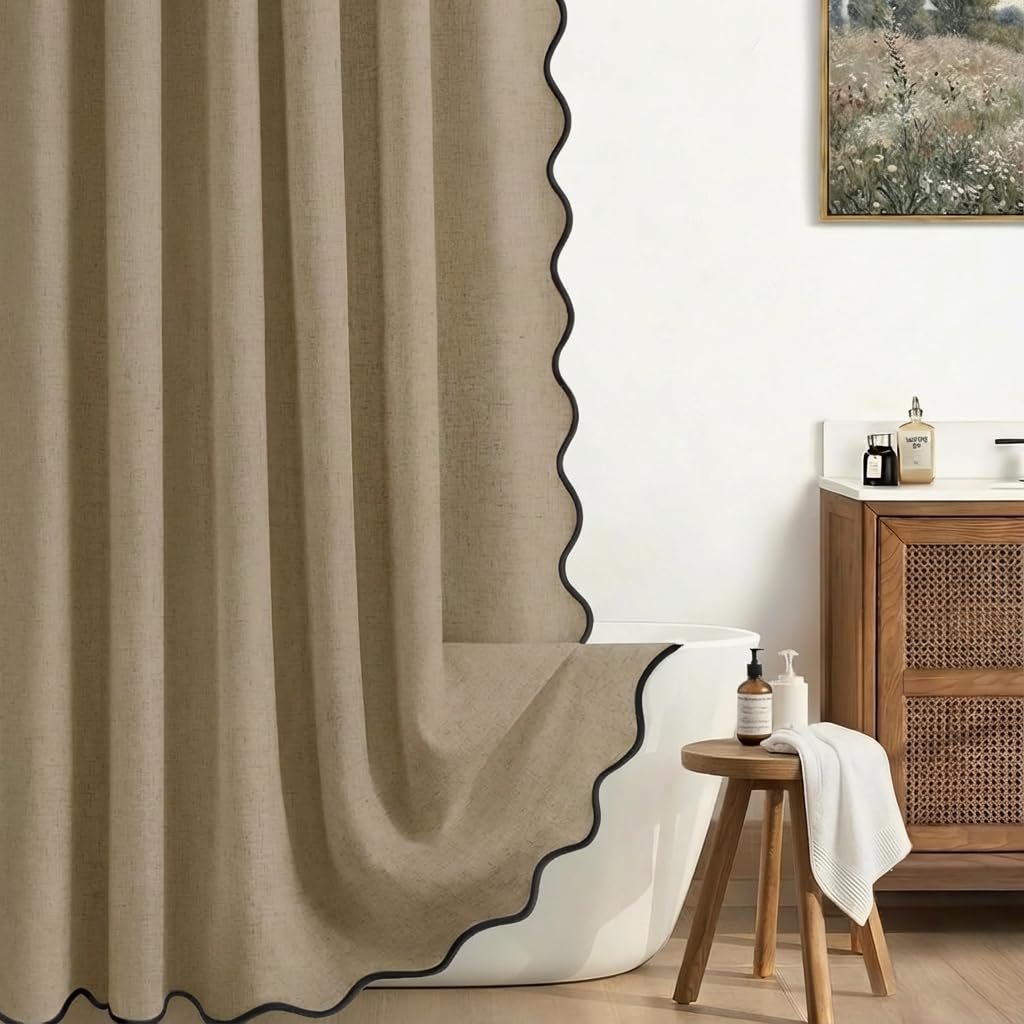 Scalloped Shower Curtain Linen Boho Beige 72" W x 72" L