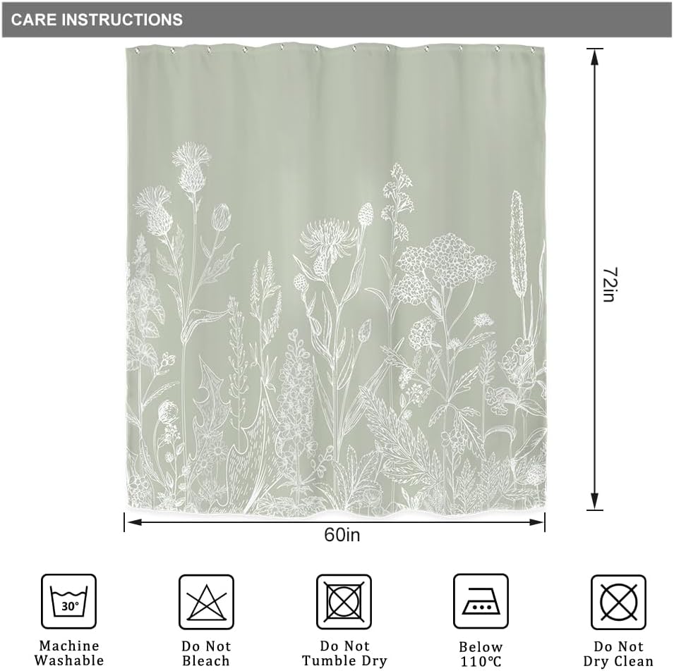 Sage Green Floral Wildflower Plant Herbs Nature Bathroom Shower Curtain Set