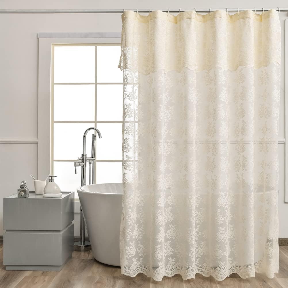 Ivory Lace Shower Curtain 72x72, Vintage Shabby Chic with Attached Valance