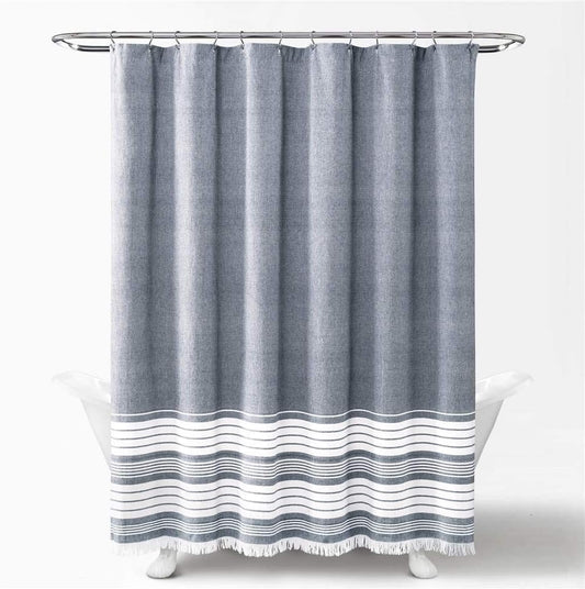 Lush Decor Nantucket Yarn Dyed Cotton Blend Tassel Fringe Shower Curtain Single 72" W x 72" L Navy - Blue Shower Curtains for Bathroom Curtain
