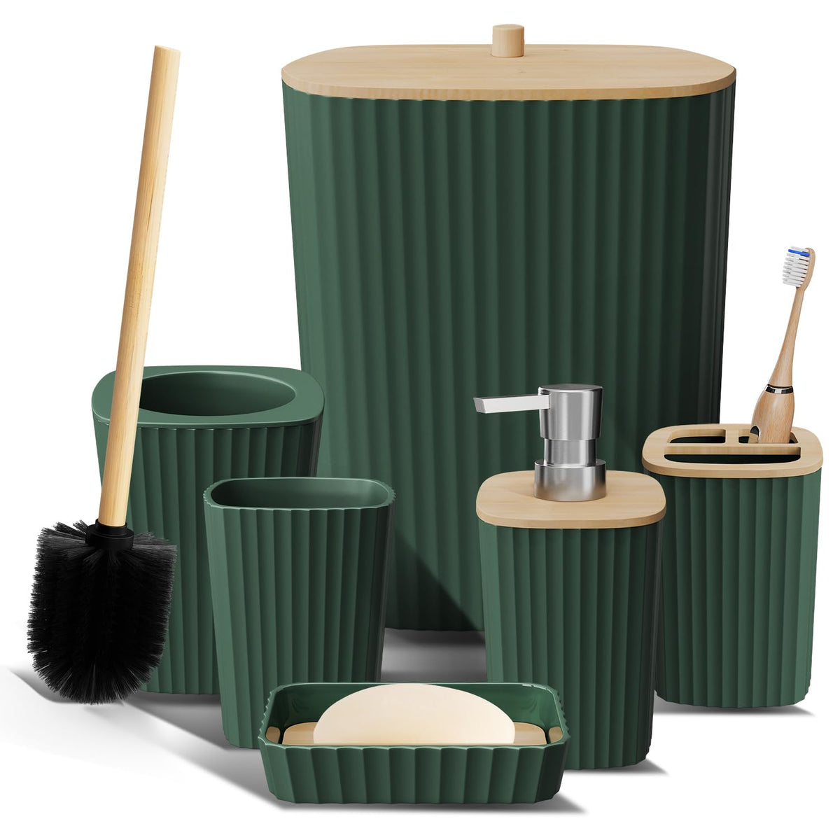 Clara Clark Bathroom Set - Sage Green Bathroom Accessories Set, 6PC Bathroom Accessory Set, Bathroom Sets with Toilet Brush, Trash Can & Soap Dispenser