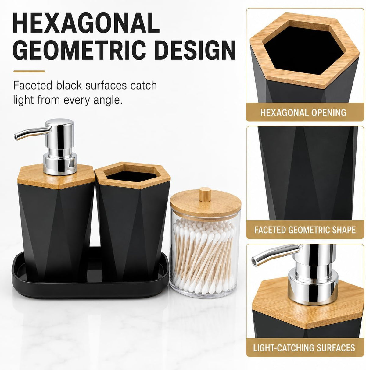 LGURT 4pc Black Bathroom Accessories Set, Soap Dispenser with Bamboo Lid