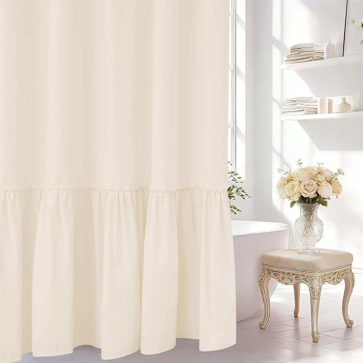 Seenus White Ruffle Shower Curtain with Waterproof TPU Backed Lightweight